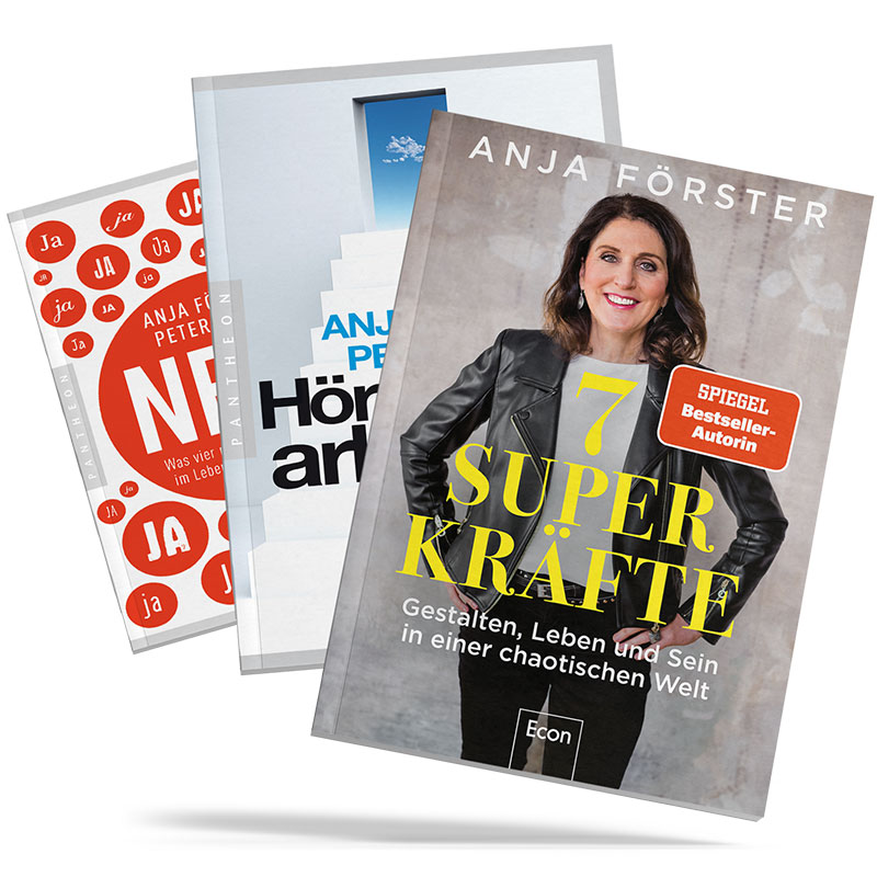 Anja Förster ist Autorin verschiedener Büchern, die auf den Bestsellerlisten von Spiegel, Manager Magazin und Handelsblatt zu finden sind. Abgebildet sind Zündstoff für Andersdenker, Nein und Hört auf zu arbeiten.